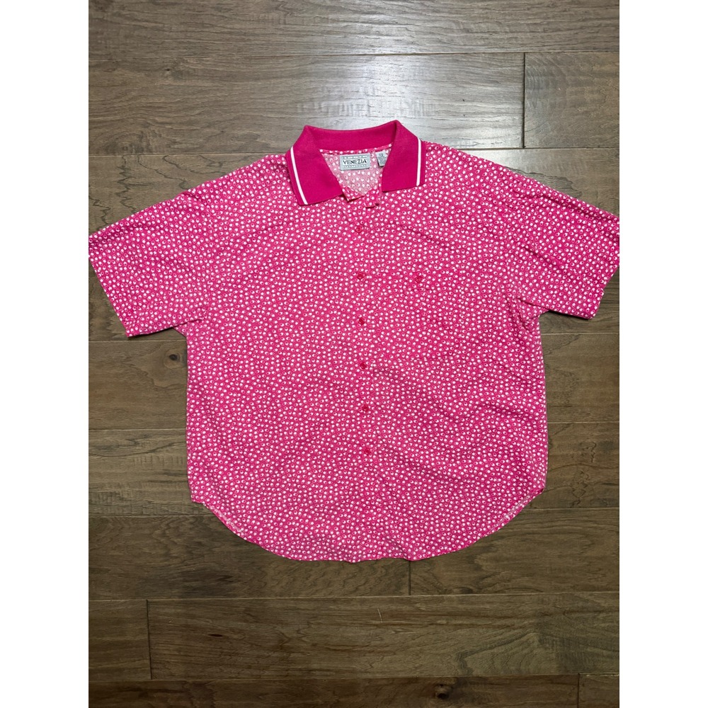 Vintage Venezia Button Down Shirt Womens 18/20 Pink Cotton Geometric Polo Collar